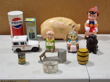 Misc. Coin Bank Lot including Pinocchio, 1940's Ceramic Piggy Bank, Pepsi, etc