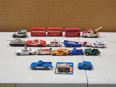 Toy Vehicle Lot including Corgi Juniors, Double Decker Buses, Tank, Ambulance, Tow Truck, etc.