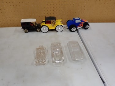 Collectible Car Lot including Clear Glass Cars including Bat Mobile, Plush, Radio, etc