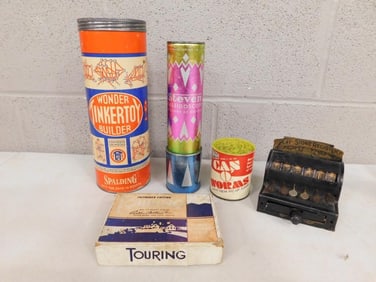 Vintage Toy Lot including Kaleidoscope, Wonder Tinkertoy Builder, Can O' Worms, Cash Register,