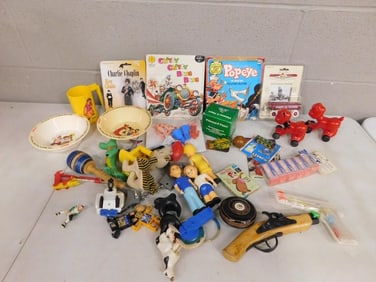 Assorted Toy Lot, etc. Including Vintage Kellogg's Cereal Bowls, Popeye, Radio Flyer, Yogi Bear Game