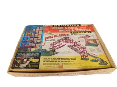 Vintage 1960 Kenner Motorized Girder & Panel and Bridge & Turnpike Building Set - comes with