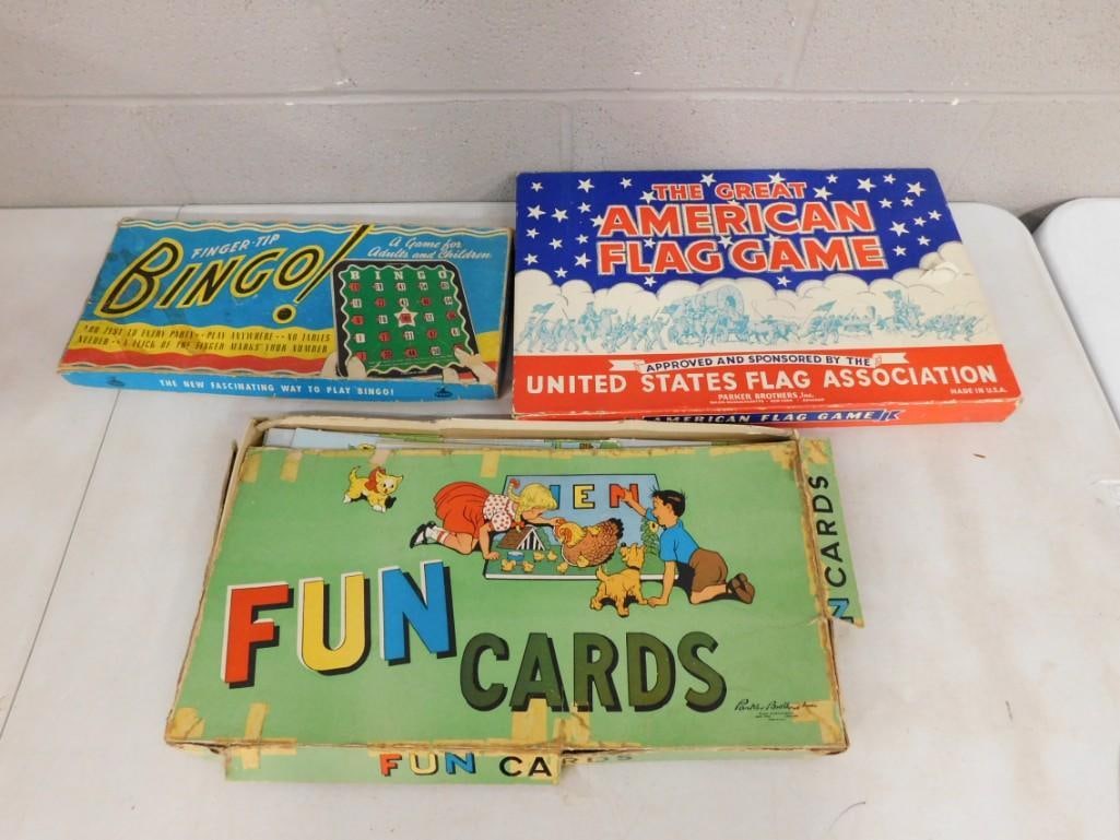 Vintage Games including Bingo, Fun Cards, The Great American Flag Game - comes with everything as sh: Vintage Games including Bingo, Fun Cards, The Great American Flag Game - comes with everything as shown All pictures are considered part of the description and should be examined carefully by bidders.