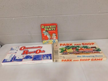 Vintage Game Lot including Milton Bradley Park and Shop, Opportunity Royal Oaks, Donkey Party