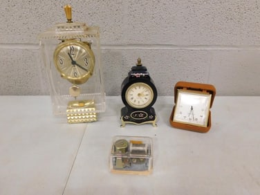 Vintage Clock lot including a Schmid 8 Day mantel Clock, Two Westclox, plus a music box mechanism