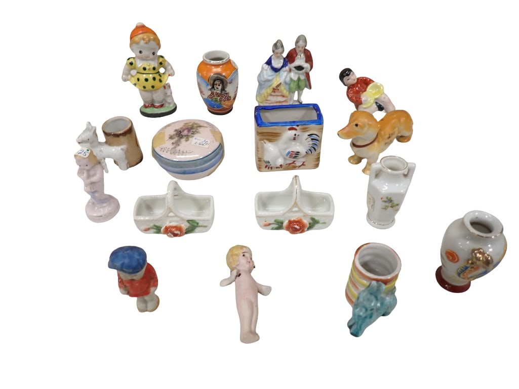 Porcelain Lot including Figurines, Miniature Vases, Trinket Box, Small Bisque Doll (1 of 11)
