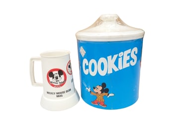 Disney Mickey Mouse Club Sealed Metal Cookie Jar with plastic Lid and Plastic Mug