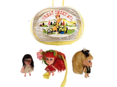 Vintage Liddle Kiddle Dolls incl Louise Lucky Locket, Rosebud, etc with a Great Smoky Mts Case