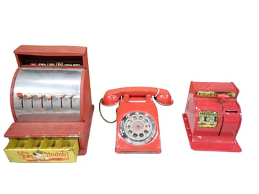 Vintage Toys incl Tin Toy Telephone, Tom Thumb Cash Register, Tin Toy Cash Register Bank