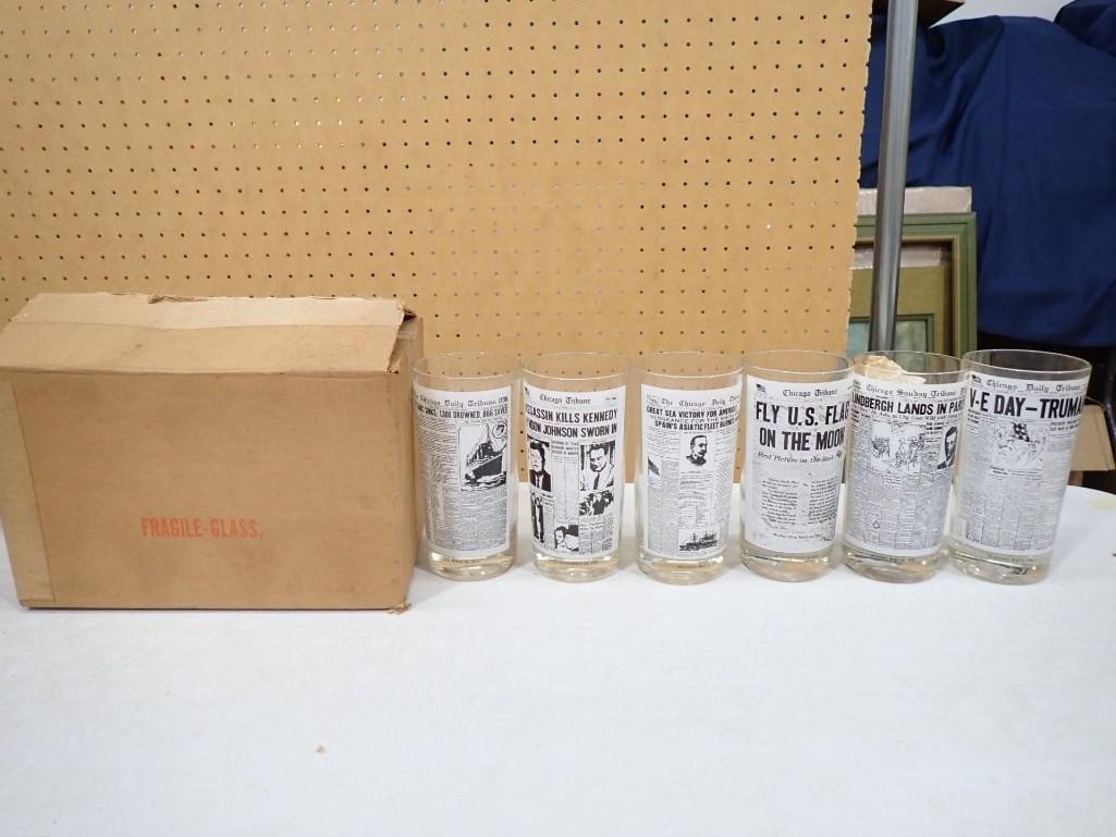 Set of 6 Vintage Tumblers with Chicago Tribune Historical Events Designs Drinking Glasses (1 of 8)