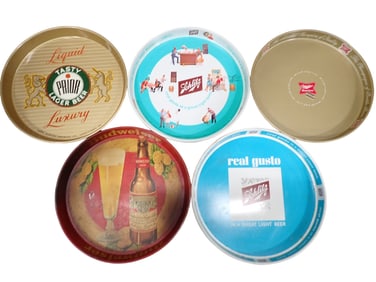 5 Metal Beer Trays incl Prior Tasty Lager Beer, 2 Schlitz, Budweiser, Miller High Life