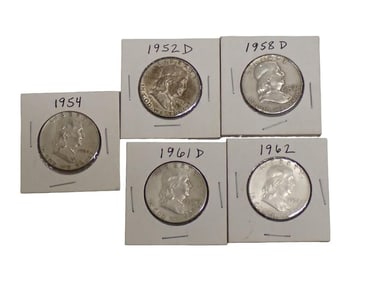 Lot of 5 Franklin Half Dollars including 1952D 1954 1958D 1961D 1962