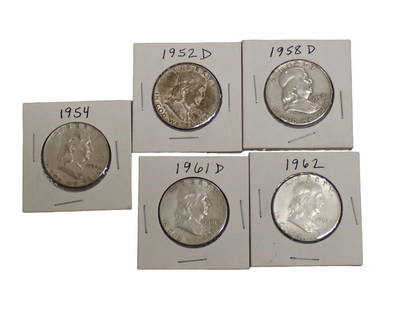 Lot of 5 Franklin Half Dollars including 1952D 1954 1958D 1961D 1962: Lot of 5 Franklin Half Dollars including 1952D 1954 1958D 1961D 1962 All pictures are considered part of the description and should be examined carefully by bidders. Live Auctioneers is now
