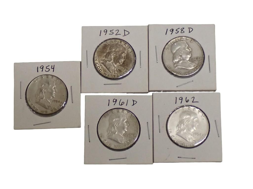 Lot of 5 Franklin Half Dollars including 1952D 1954 1958D 1961D 1962