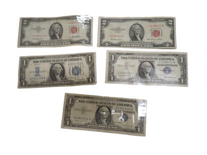 Silver Certificate Lot including 2 Red Seal Star Note Two Dollar Bills and 3 Blue Seal Dollar Bills: Silver Certificate Lot including 2 Red Seal Star Note Two Dollar Bills and 3 Blue Seal Dollar Bills - One Funnyback All pictures are considered part of the description and should be examined