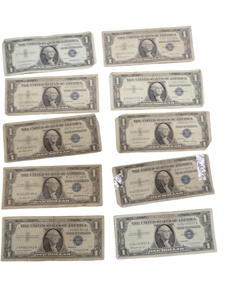 Lot of 10 Blue Seal Washington Dollar Bill Silver Certificates including a star note (1 of 6)