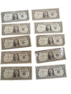 Lot of 10 Blue Seal Washington Dollar Bill Silver Certificates including a star note: Lot of 10 Blue Seal Washington Dollar Bill Silver Certificates including a star note All pictures are considered part of the description and should be examined carefully by bidders. Live