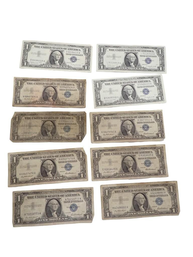 Lot of 10 Blue Seal Washington Dollar Bill Silver Certificates: Lot of 10 Blue Seal Washington Dollar Bill Silver Certificates All pictures are considered part of the description and should be examined carefully by bidders. Live Auctioneers is now offering Live Sh