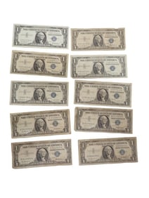 Lot of 10 Blue Seal Washington Dollar Bill Silver Certificates