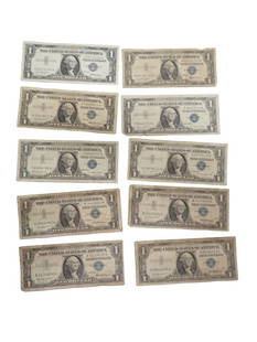 Lot of 10 Blue Seal Washington Dollar Bill Silver Certificates: Lot of 10 Blue Seal Washington Dollar Bill Silver Certificates All pictures are considered part of the description and should be examined carefully by bidders. Live Auctioneers is now offering Live