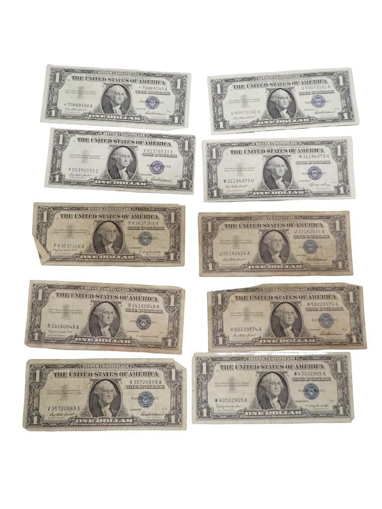 Lot of 10 Blue Seal Washington Dollar Bill Silver Certificates including a star note (1 of 6)