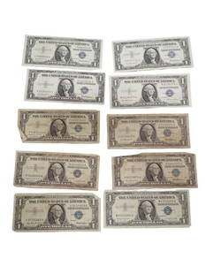 Lot of 10 Blue Seal Washington Dollar Bill Silver Certificates including a star note: Lot of 10 Blue Seal Washington Dollar Bill Silver Certificates including a star note All pictures are considered part of the description and should be examined carefully by bidders. Live