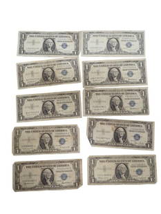 Lot of 10 Blue Seal Washington Dollar Bill Silver Certificates: Lot of 10 Blue Seal Washington Dollar Bill Silver Certificates All pictures are considered part of the description and should be examined carefully by bidders. Live Auctioneers is now offering Live
