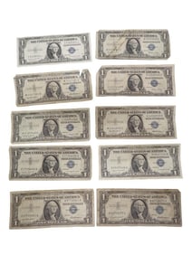 Lot of 10 Blue Seal Washington Dollar Bill Silver Certificates including one with more of a blue