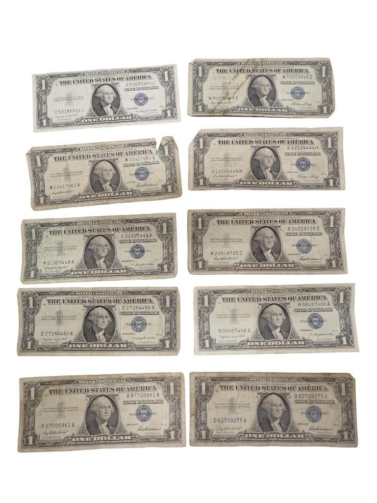 Lot of 10 Blue Seal Washington Dollar Bill Silver Certificates including one with more of a blue (1 of 6)