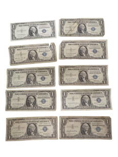 Lot of 10 Blue Seal Washington Dollar Bill Silver Certificates including one with more of a blue: Lot of 10 Blue Seal Washington Dollar Bill Silver Certificates including one with more of a blue color back vs. green on the others (see the last picture) All pictures are considered part of the