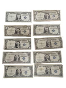 Lot of 10 Blue Seal Washington Dollar Bill Silver Certificates including star notes: Lot of 10 Blue Seal Washington Dollar Bill Silver Certificates including star notes All pictures are considered part of the description and should be examined carefully by bidders. Live Auctioneers