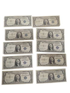 Lot of 10 Blue Seal Washington Dollar Bill Silver Certificates including star notes: Lot of 10 Blue Seal Washington Dollar Bill Silver Certificates including star notes All pictures are considered part of the description and should be examined carefully by bidders. Live Auctioneers