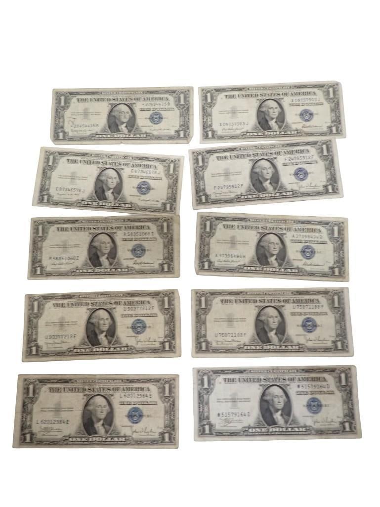 Lot of 10 Blue Seal Washington Dollar Bill Silver Certificates including a star note (1 of 6)
