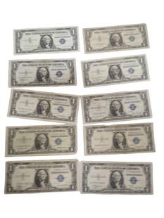 Lot of 10 Blue Seal Washington Dollar Bill Silver Certificates Including some star notes: Lot of 10 Blue Seal Washington Dollar Bill Silver Certificates Including some star notes All pictures are considered part of the description and should be examined carefully by bidders. Live