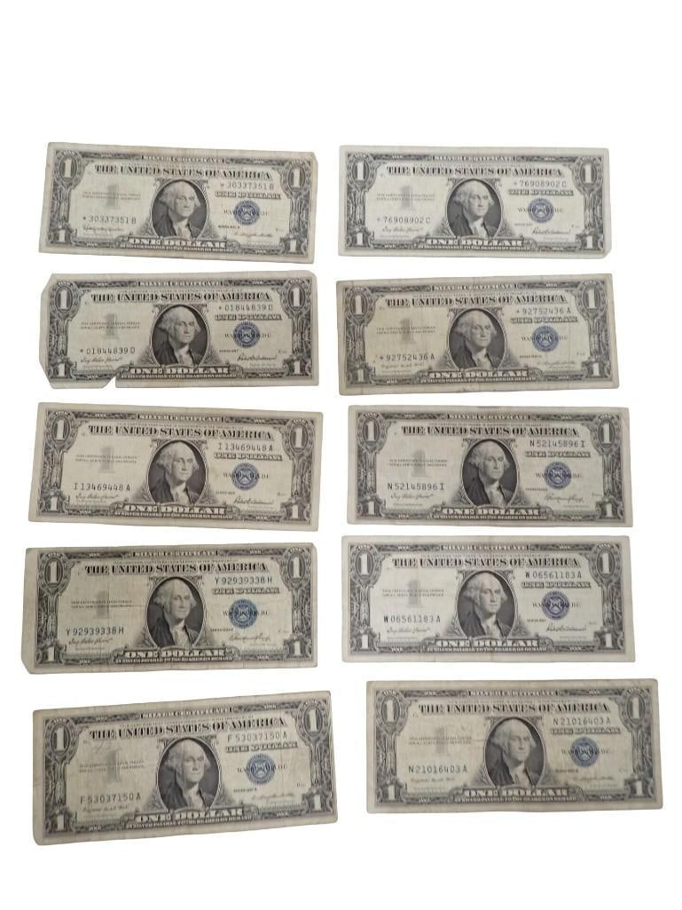 Lot of 10 Blue Seal Washington Dollar Bill Silver Certificates Including some star notes (1 of 7)