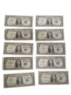 Lot of 10 Blue Seal Washington Dollar Bill Silver Certificates Including some star notes: Lot of 10 Blue Seal Washington Dollar Bill Silver Certificates Including some star notes All pictures are considered part of the description and should be examined carefully by bidders. Live