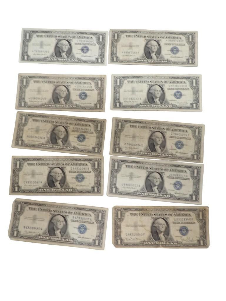 Lot of 10 Blue Seal Washington Dollar Bill Silver Certificates Including some Star Notes (1 of 7)