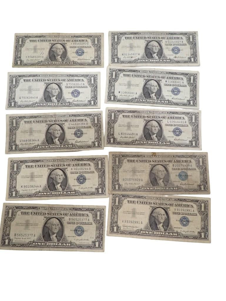 Lot of 10 Blue Seal Washington Dollar Bill Silver Certificates including some a Star Note (1 of 6)