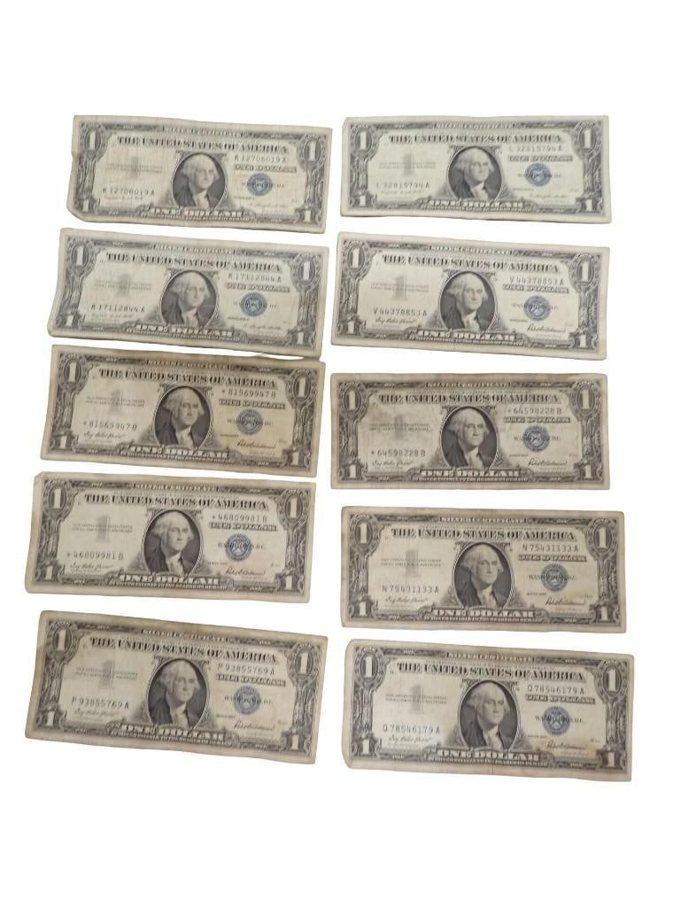 Lot of 10 Blue Seal Washington Dollar Bill Silver Certificates including some star notes (1 of 7)