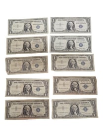 Lot of 10 Blue Seal Washington Dollar Bill Silver Certificates