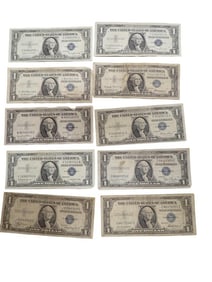 Lot of 10 Blue Seal Washington Dollar Bill Silver Certificates