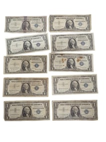 Lot of 10 Blue Seal Washington Dollar Bill Silver Certificates
