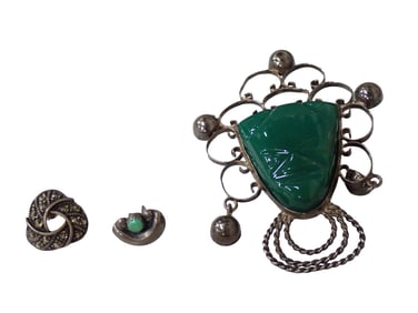 Vintage Sterling Silver Lot including Mexican Brooch Carved Stone Aztec Style, Trinity Marcasite