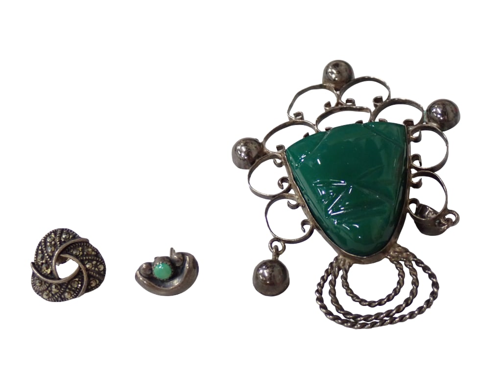 Vintage Sterling Silver Lot including Mexican Brooch Carved Stone Aztec Style, Trinity Marcasite (1 of 8)