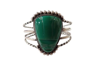 Vintage Mexican Sterling Silver Cuff Bracelet Aztec Style Carved Stone
