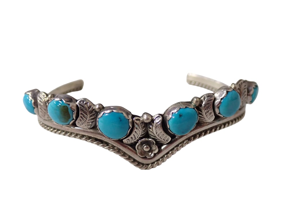 Vintage Sterling Silver Bracelet Marked E. Spencer - Native American or Southwest Style w Turquoise (1 of 9)