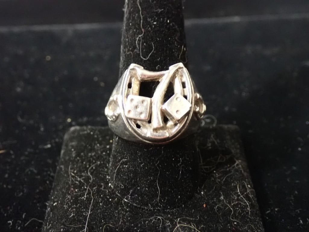 Vintage Lucky 7 Horseshoe Dice Sterling Silver Ring: Vintage Lucky 7 Horseshoe Dice Sterling Silver Ring All pictures are considered part of the description and should be examined carefully by bidders. Live Auctioneers is now offering Live Shipping thro