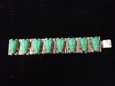 Vintage Mexican Silver .925 Bracelet with Green Stone Carved Aztec Faces