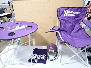 Northwestern Wildcats lot including Bag Chair, table, Football Helmet, T-shirt