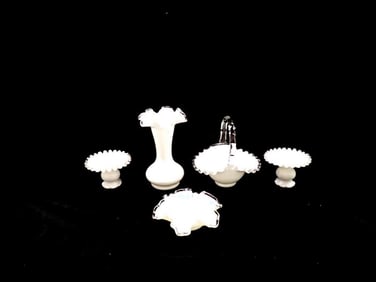 5 Piece Vintage Fenton Silver Crest Vase, Bowls, Candle Holders